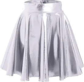 ABAFIP Women's Shiny Pleated Mini Skirt High Waisted Flared A-Line Short Rave Skater Skirts