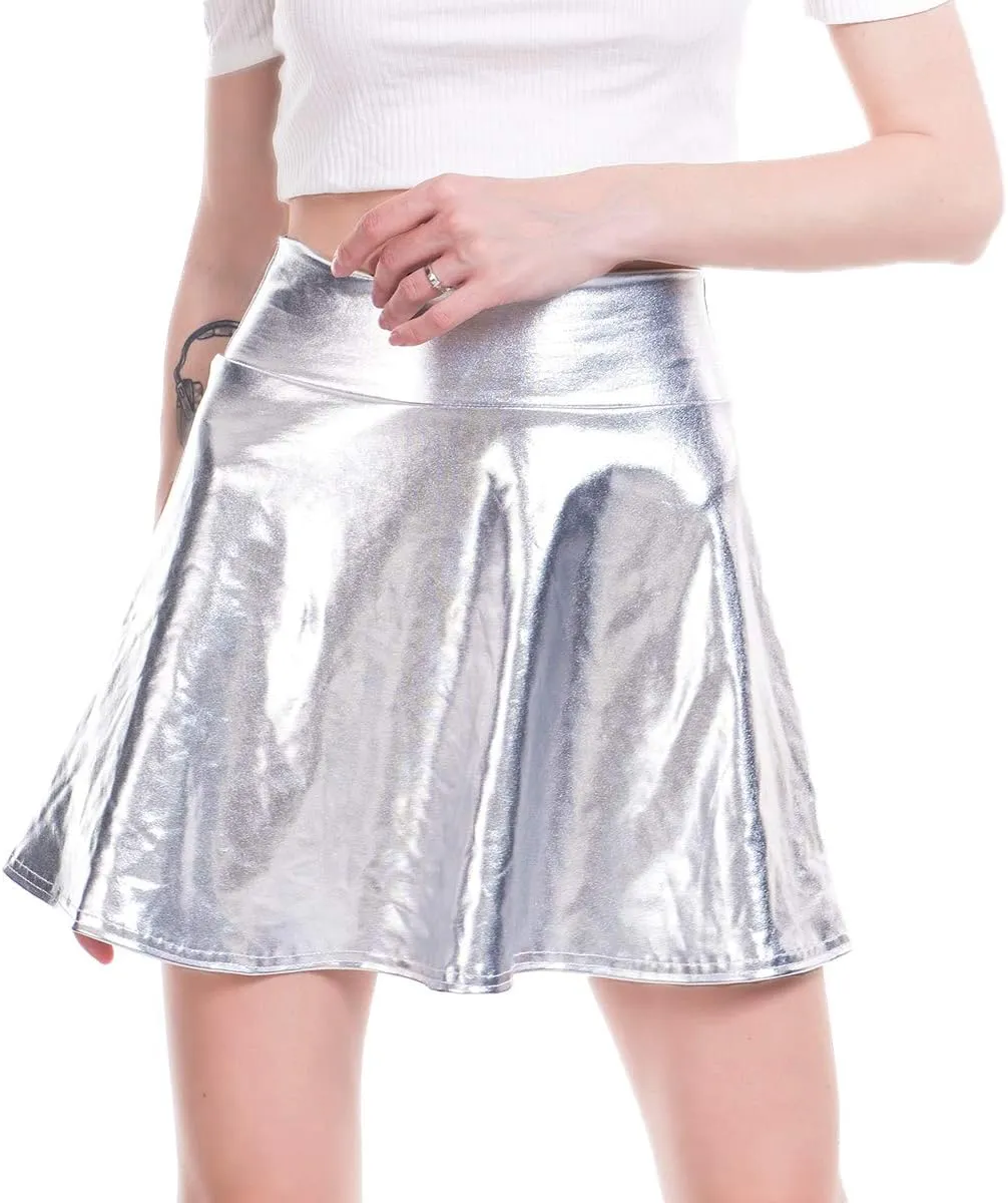 ABAFIP Women's Shiny Pleated Mini Skirt High Waisted Flared A-Line Short Rave Skater Skirts
