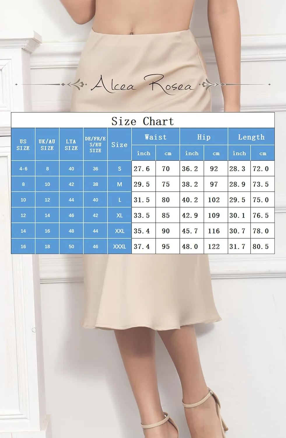 ALCEA ROSEA Womens Satin High Waisted Silky Midi Skirt Elastic A-line Skirt for Wedding Party Work