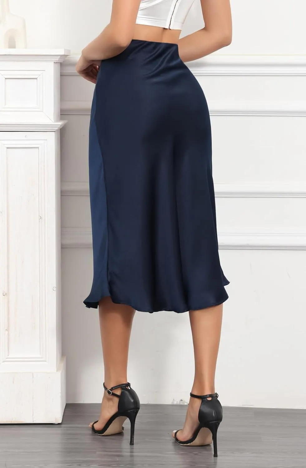 ALCEA ROSEA Womens Satin High Waisted Silky Midi Skirt Elastic A-line Skirt for Wedding Party Work
