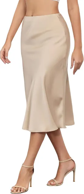 ALCEA ROSEA Womens Satin High Waisted Silky Midi Skirt Elastic A-line Skirt for Wedding Party Work