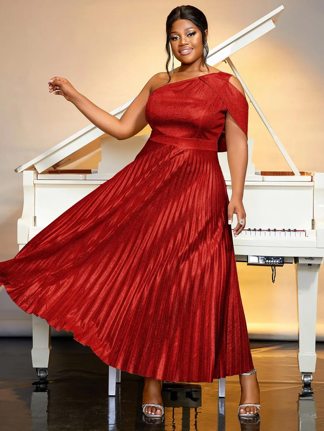 AOMEI Womens Sparkly Metallic Flowy Pleated Dress One Shoulder Empire Waist Long Shimmer Gowns and Evening Dresses
