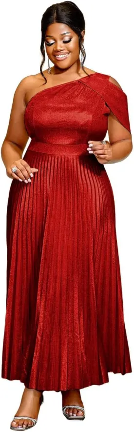 AOMEI Womens Sparkly Metallic Flowy Pleated Dress One Shoulder Empire Waist Long Shimmer Gowns and Evening Dresses