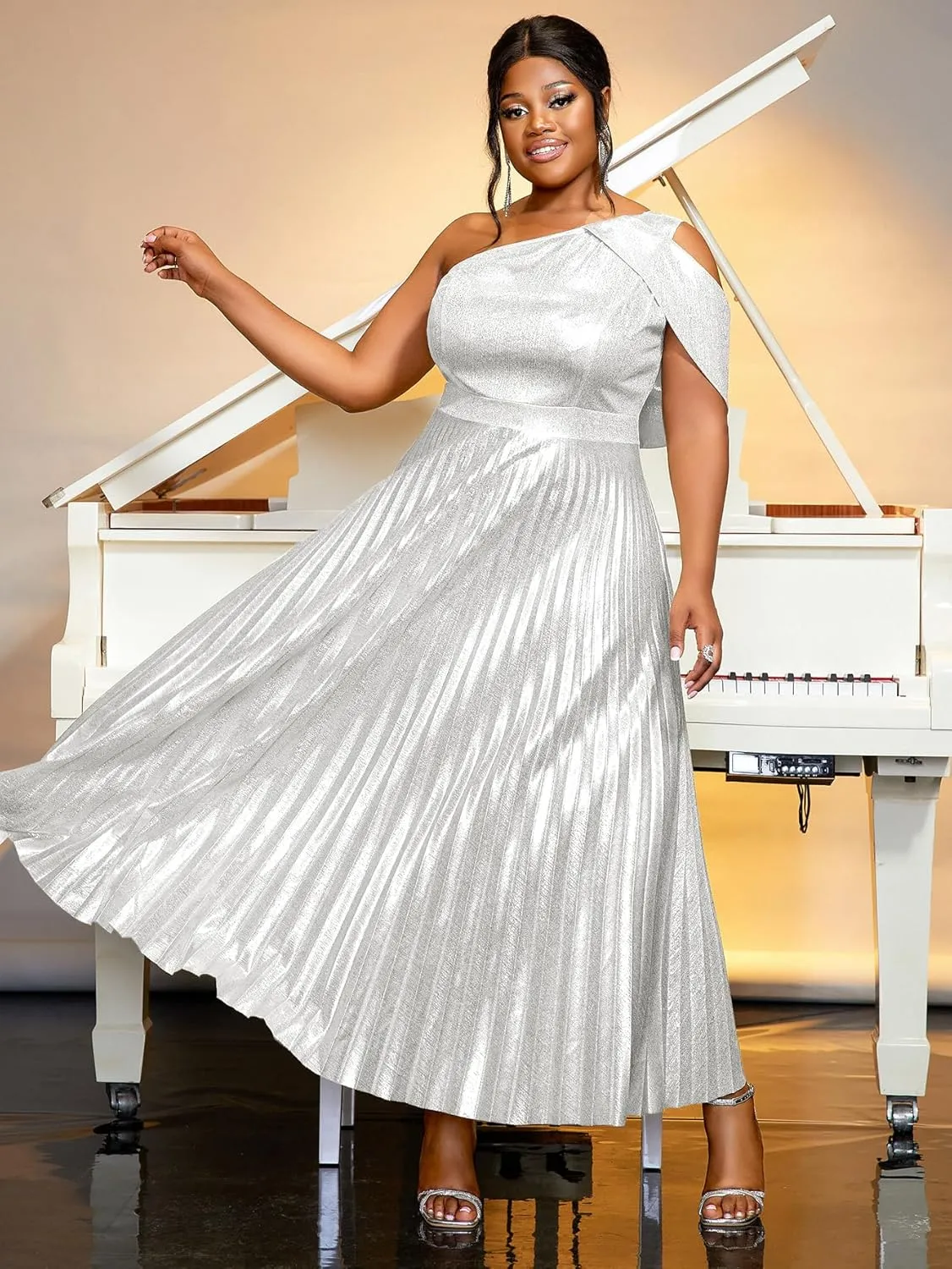 AOMEI Womens Sparkly Metallic Flowy Pleated Dress One Shoulder Empire Waist Long Shimmer Gowns and Evening Dresses