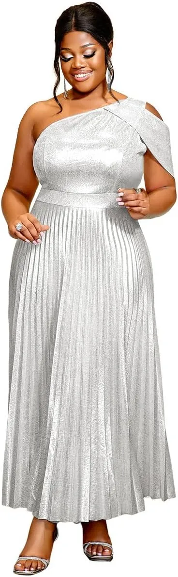 AOMEI Womens Sparkly Metallic Flowy Pleated Dress One Shoulder Empire Waist Long Shimmer Gowns and Evening Dresses