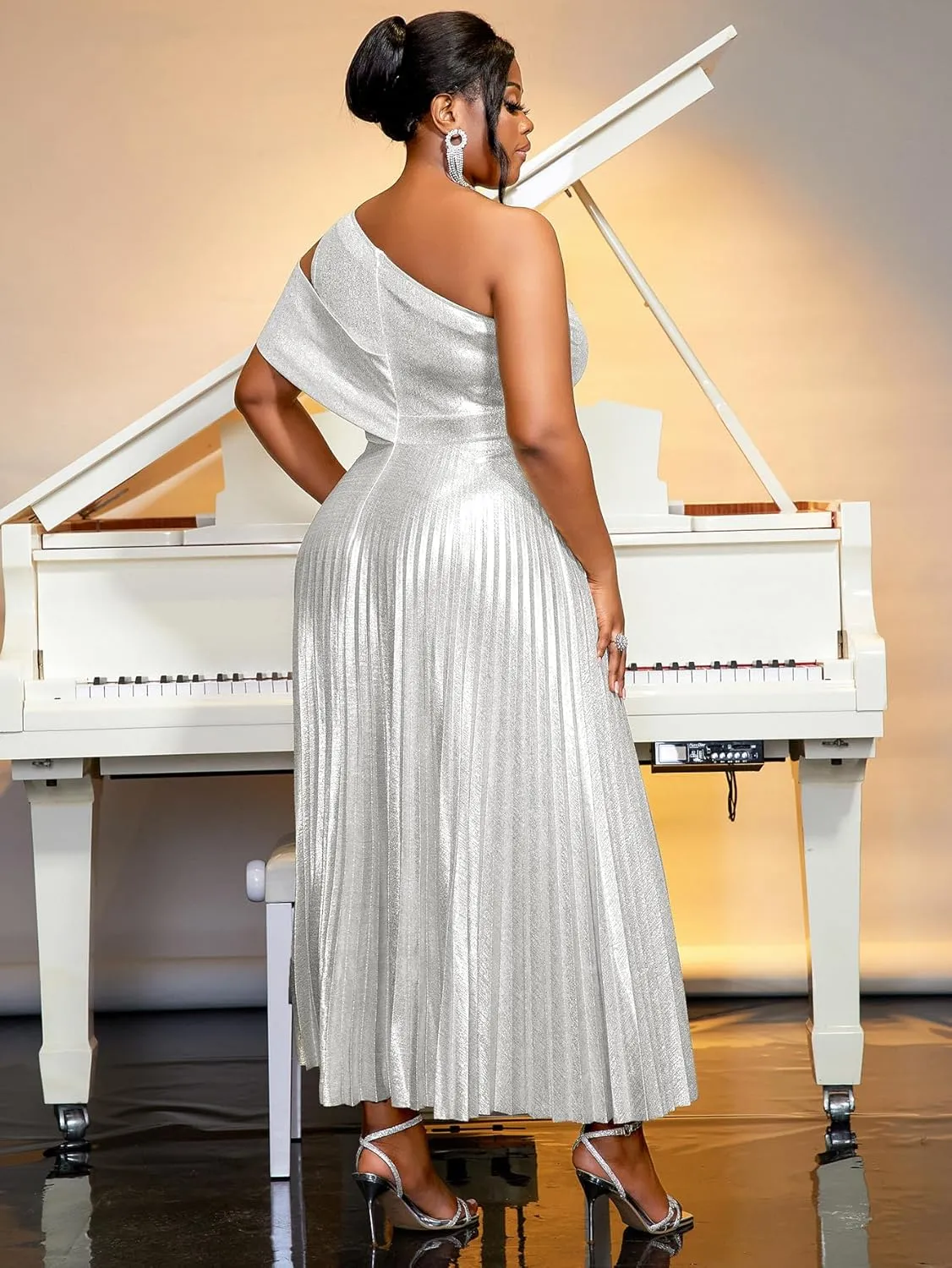 AOMEI Womens Sparkly Metallic Flowy Pleated Dress One Shoulder Empire Waist Long Shimmer Gowns and Evening Dresses