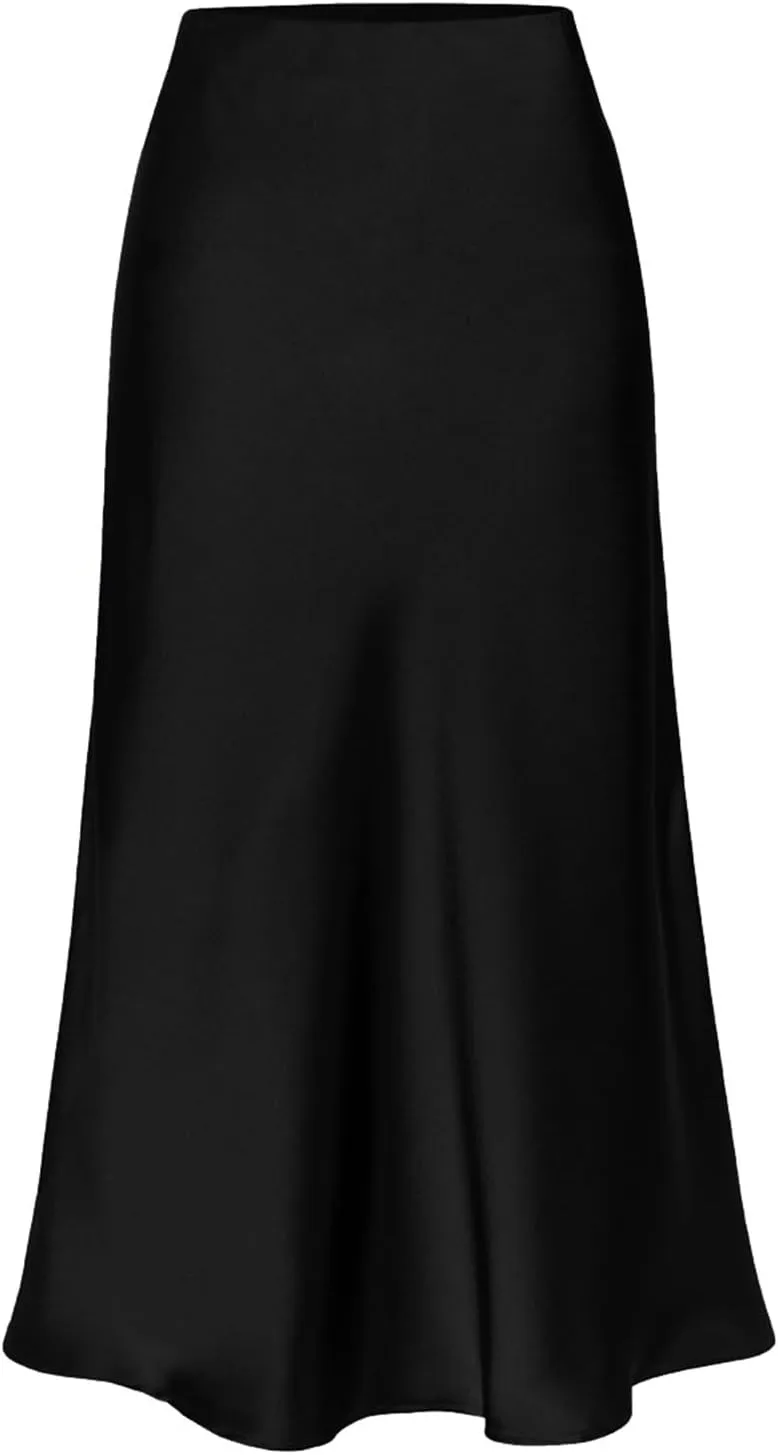 ATHX Women's Elegant Satin Midi Skirt Dressy Summer Casual High Waisted Solid Silk Split Cocktail Party Skirts