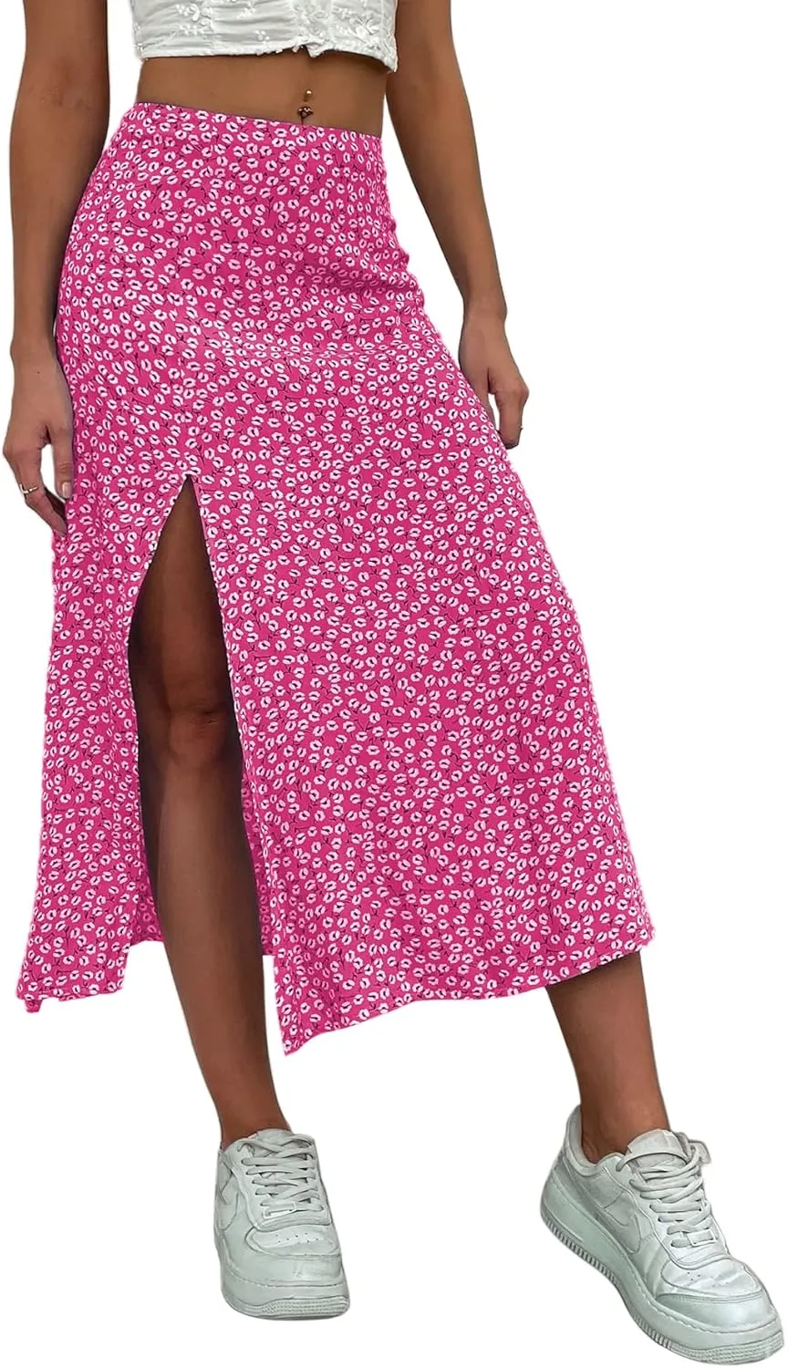 Avanova Women's Boho Leopard Print Thigh High Waist A Line Split Midi Skirt