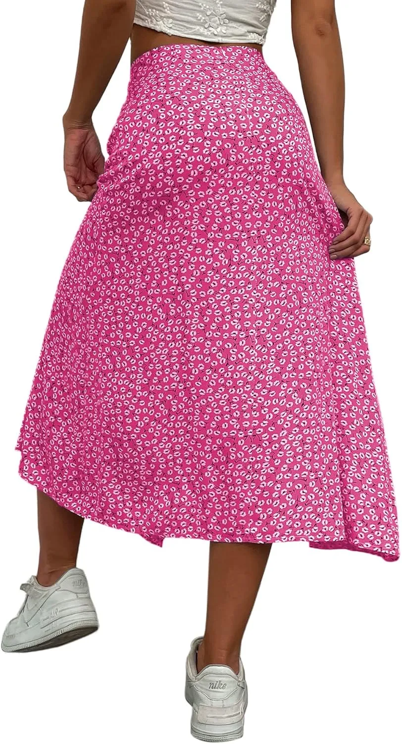 Avanova Women's Boho Leopard Print Thigh High Waist A Line Split Midi Skirt