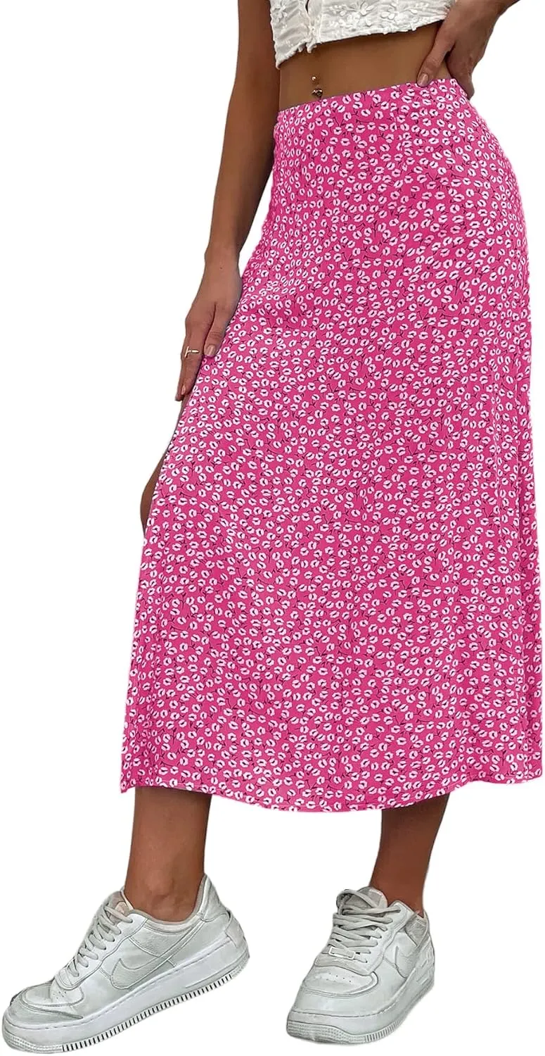 Avanova Women's Boho Leopard Print Thigh High Waist A Line Split Midi Skirt