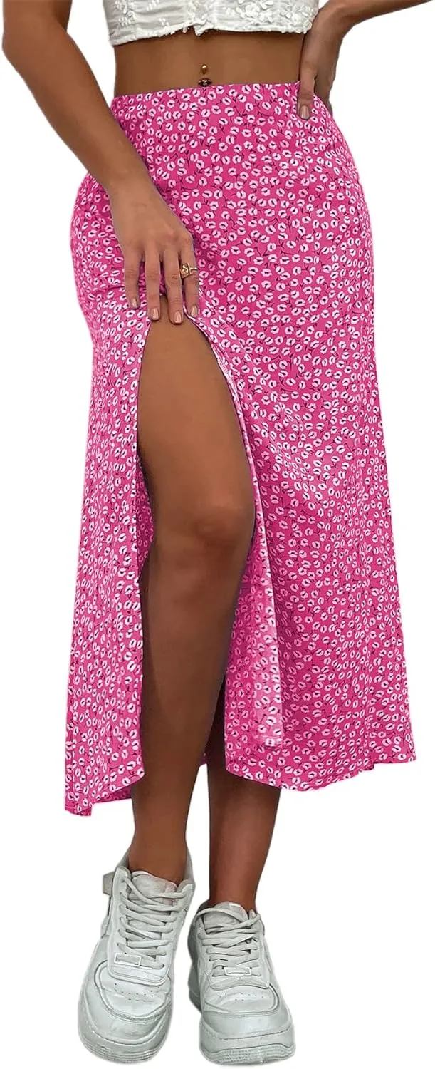 Avanova Women's Boho Leopard Print Thigh High Waist A Line Split Midi Skirt