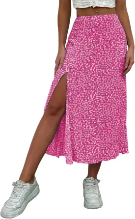 Avanova Women's Boho Leopard Print Thigh High Waist A Line Split Midi Skirt