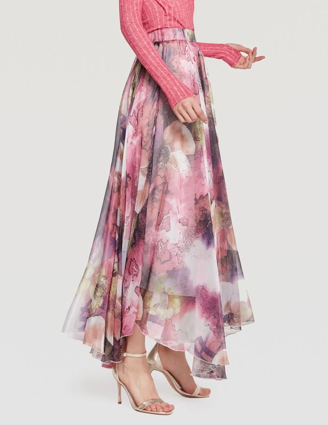 CHARTOU Women's Elegant Summer Full Length Boho Floral Print Pleated Chiffon Long Maxi Skirt Dress