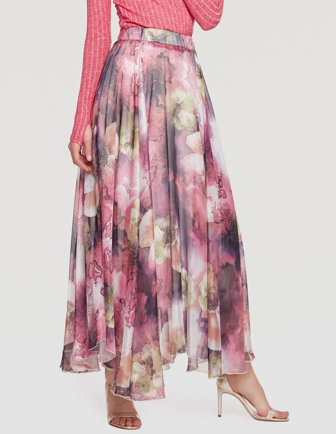 CHARTOU Women's Elegant Summer Full Length Boho Floral Print Pleated Chiffon Long Maxi Skirt Dress