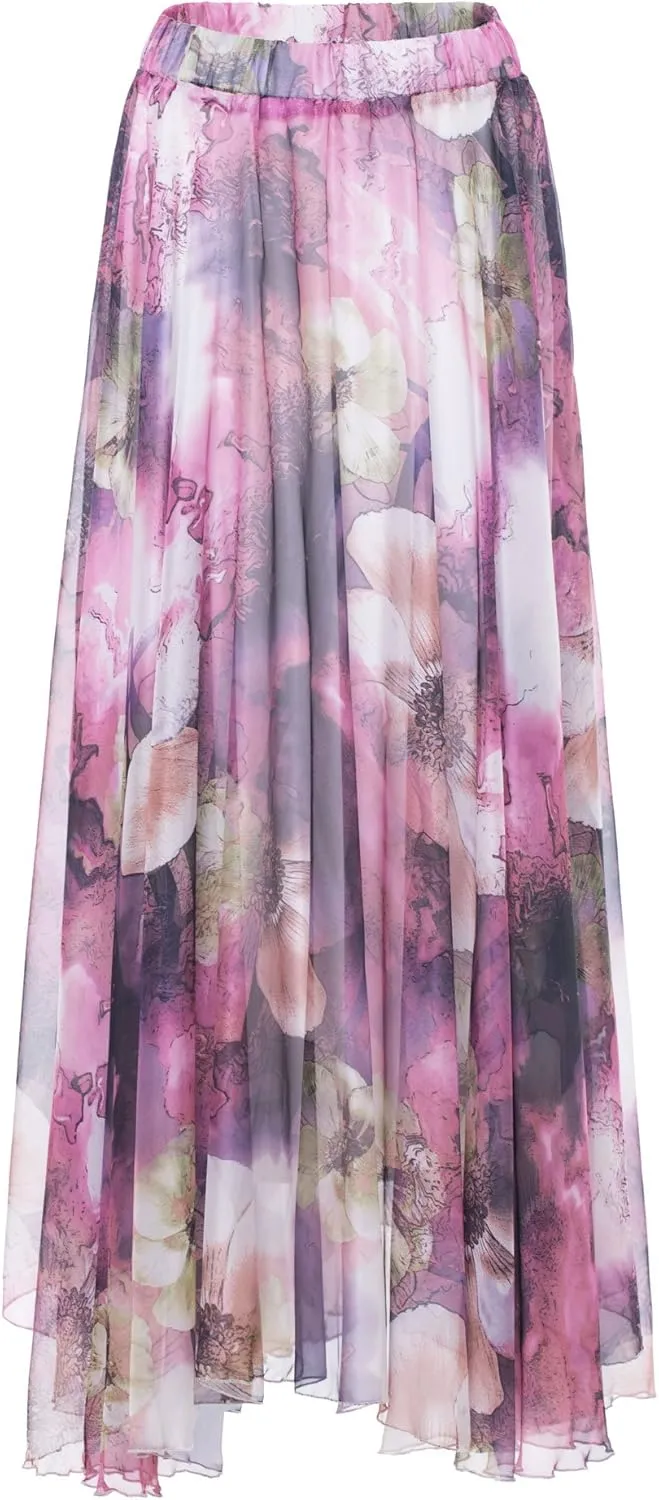 CHARTOU Women's Elegant Summer Full Length Boho Floral Print Pleated Chiffon Long Maxi Skirt Dress