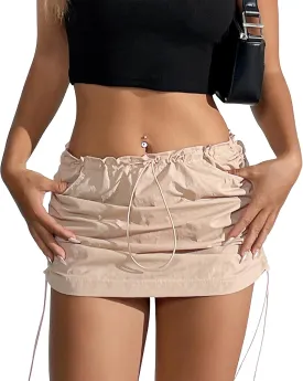 Durio Cargo Skirt Y2K, Mini Skirt for Women Drawstring Sexy Skirt Low Rise with Pocket