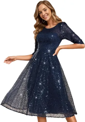 Ever-Pretty Women's Round Neck 3/4 Sleeves Formal Dresses Sequin A Line Midi Wedding Guest Dress 02241