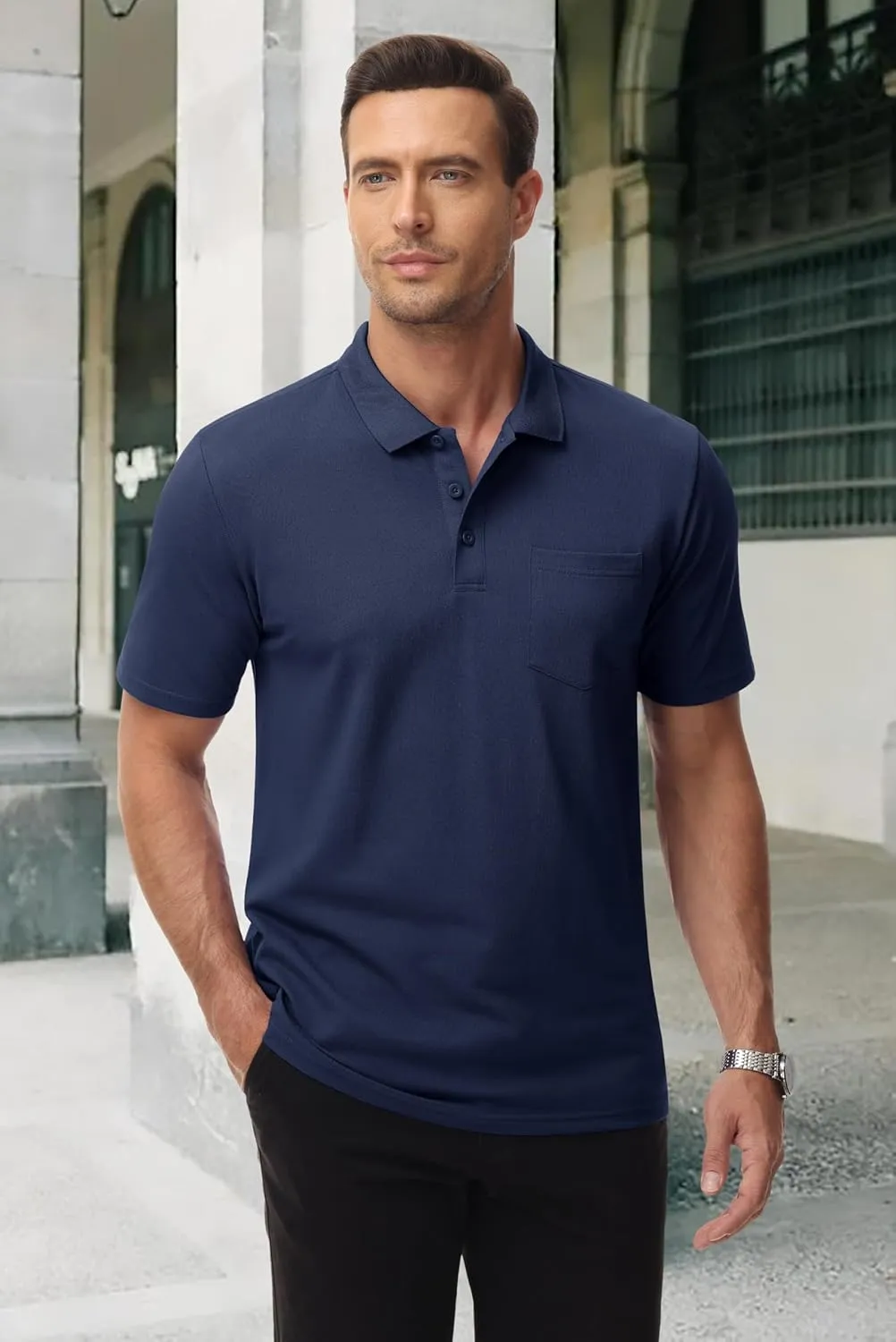 MAGCOMSEN Mens Polo Shirts with Pocket Cotton Pique Short Sleeve Collared Shirt Moisture Wicking Golf Shirts 3-Button Shirts