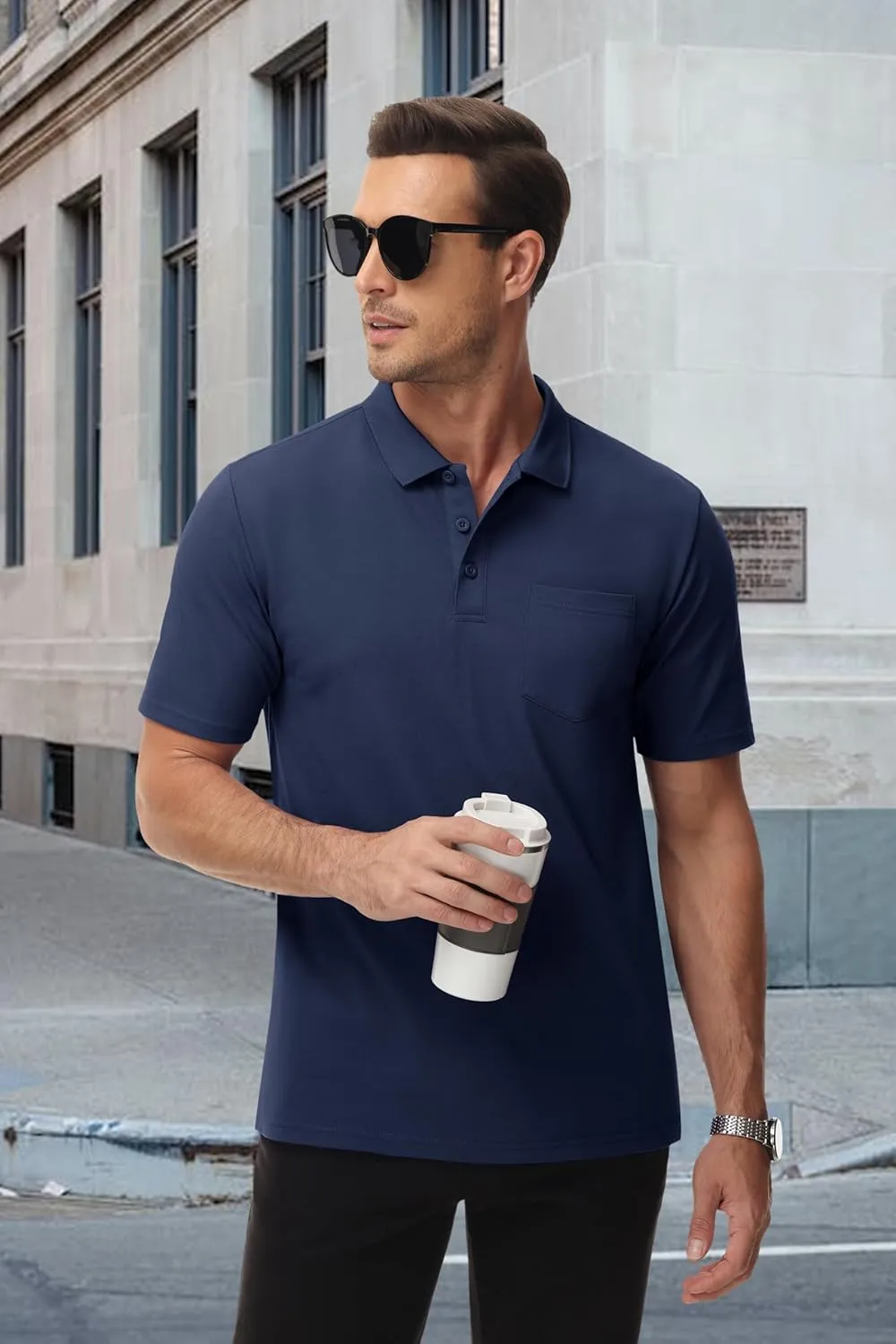 MAGCOMSEN Mens Polo Shirts with Pocket Cotton Pique Short Sleeve Collared Shirt Moisture Wicking Golf Shirts 3-Button Shirts