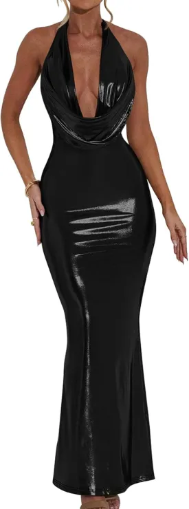 Memoriesea Women's Luxury Metallic Halter Neck Bodycon Party Evening Gown Maxi Dress