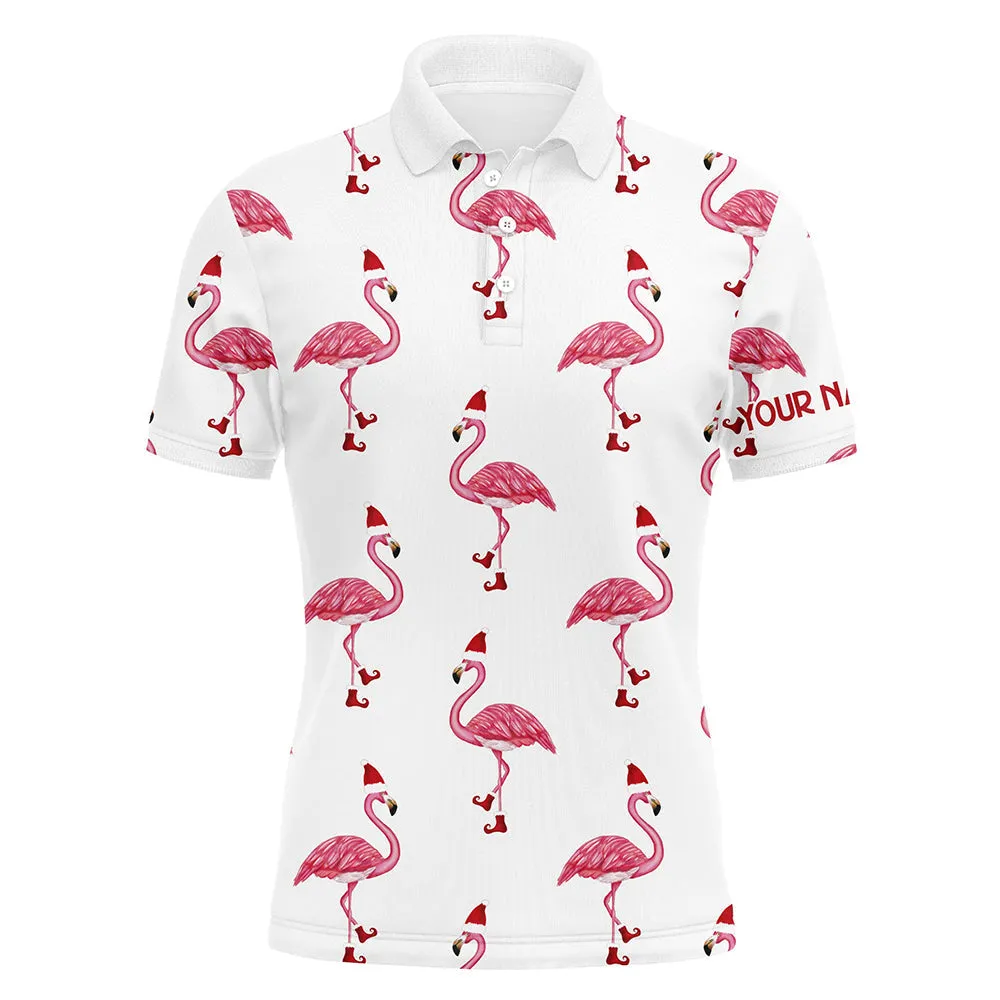 Mens Golf Polo Shirt Custom Christmas Winter Flamingo Santa Golf Polos Shirt For Men, Christmas Gifts
