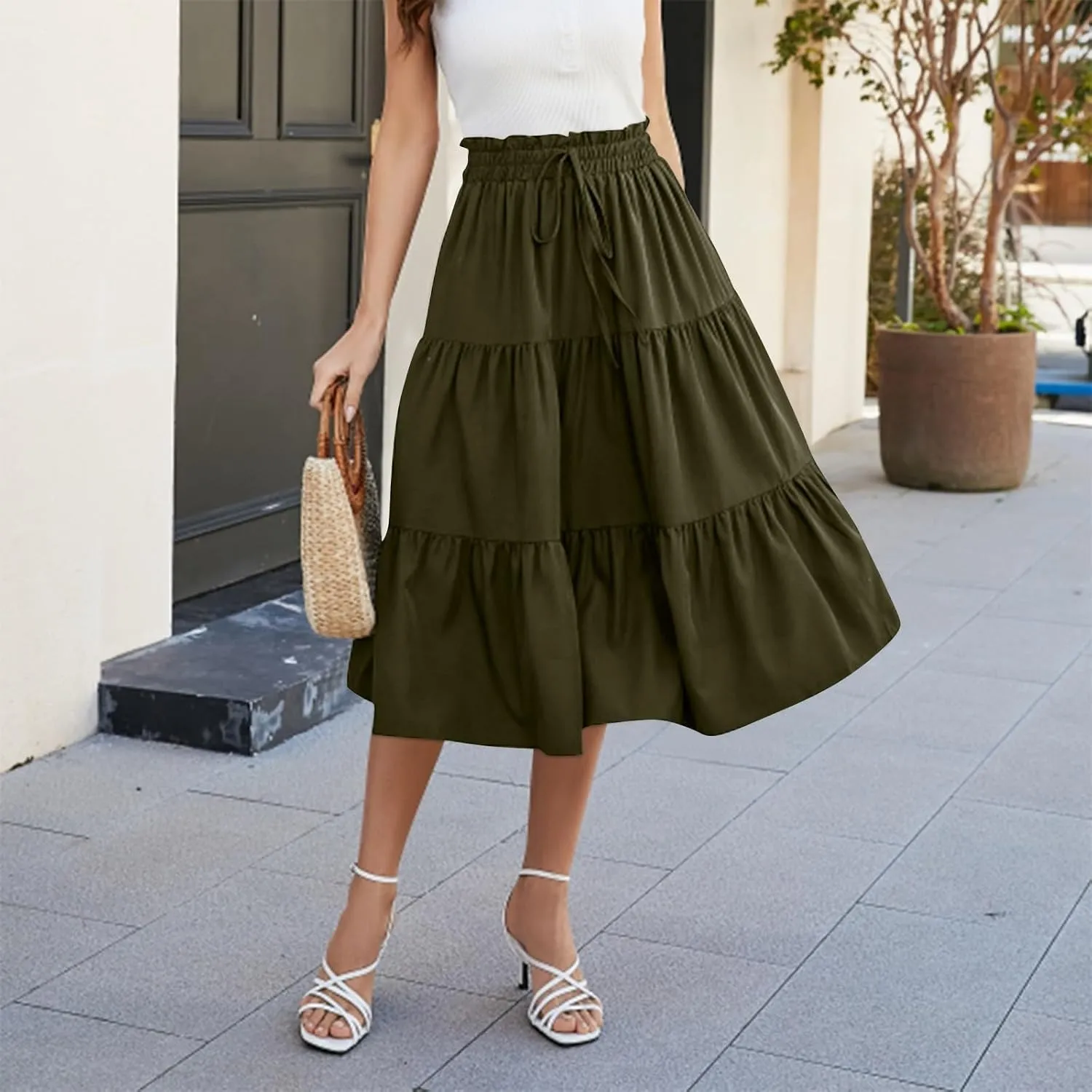 Midi Skirts for Women Summer Tiered Drawstring Elastic Waist Knee Length Skirts Pleated A Line Boho Solid Plain Skirts