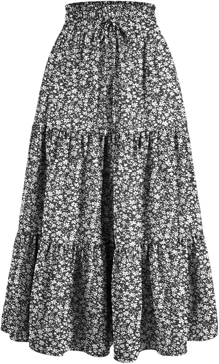 Midi Skirts for Women Summer Tiered Drawstring Elastic Waist Knee Length Skirts Pleated A Line Boho Solid Plain Skirts