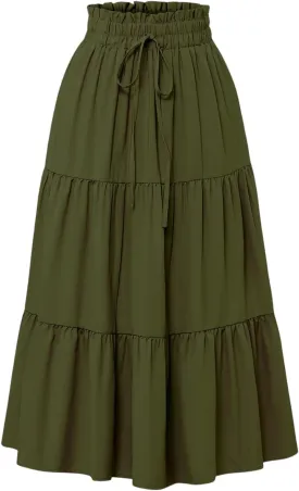 Midi Skirts for Women Summer Tiered Drawstring Elastic Waist Knee Length Skirts Pleated A Line Boho Solid Plain Skirts