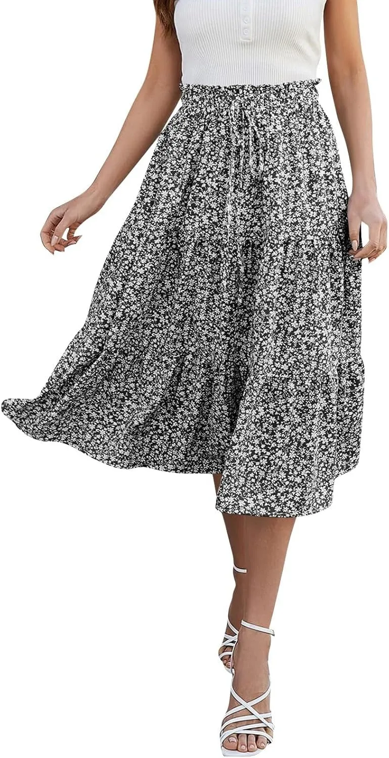 Midi Skirts for Women Summer Tiered Drawstring Elastic Waist Knee Length Skirts Pleated A Line Boho Solid Plain Skirts