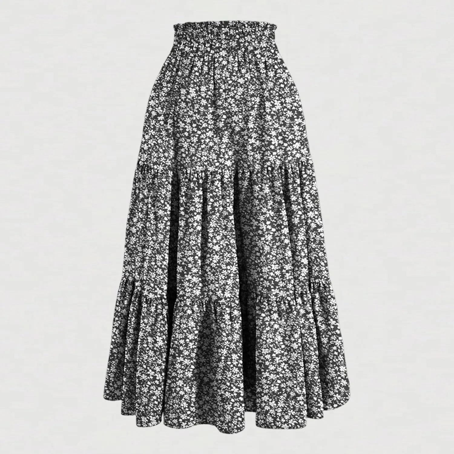 Midi Skirts for Women Summer Tiered Drawstring Elastic Waist Knee Length Skirts Pleated A Line Boho Solid Plain Skirts