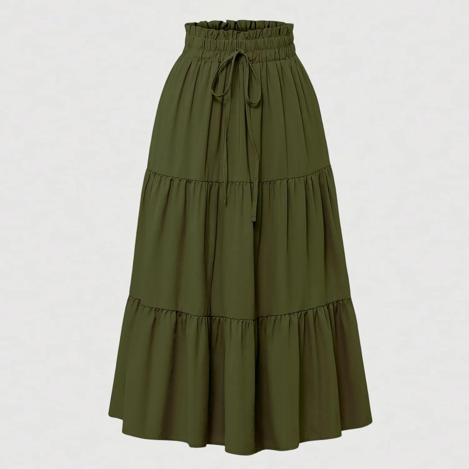 Midi Skirts for Women Summer Tiered Drawstring Elastic Waist Knee Length Skirts Pleated A Line Boho Solid Plain Skirts