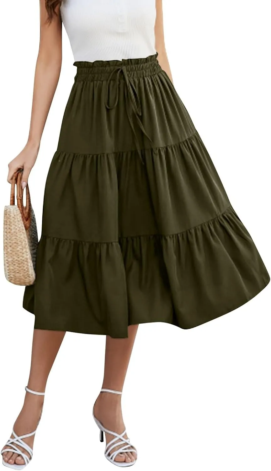 Midi Skirts for Women Summer Tiered Drawstring Elastic Waist Knee Length Skirts Pleated A Line Boho Solid Plain Skirts