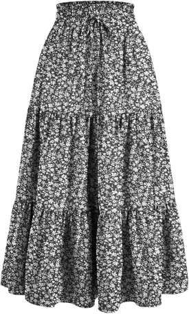 Midi Skirts for Women Summer Tiered Drawstring Elastic Waist Knee Length Skirts Pleated A Line Boho Solid Plain Skirts