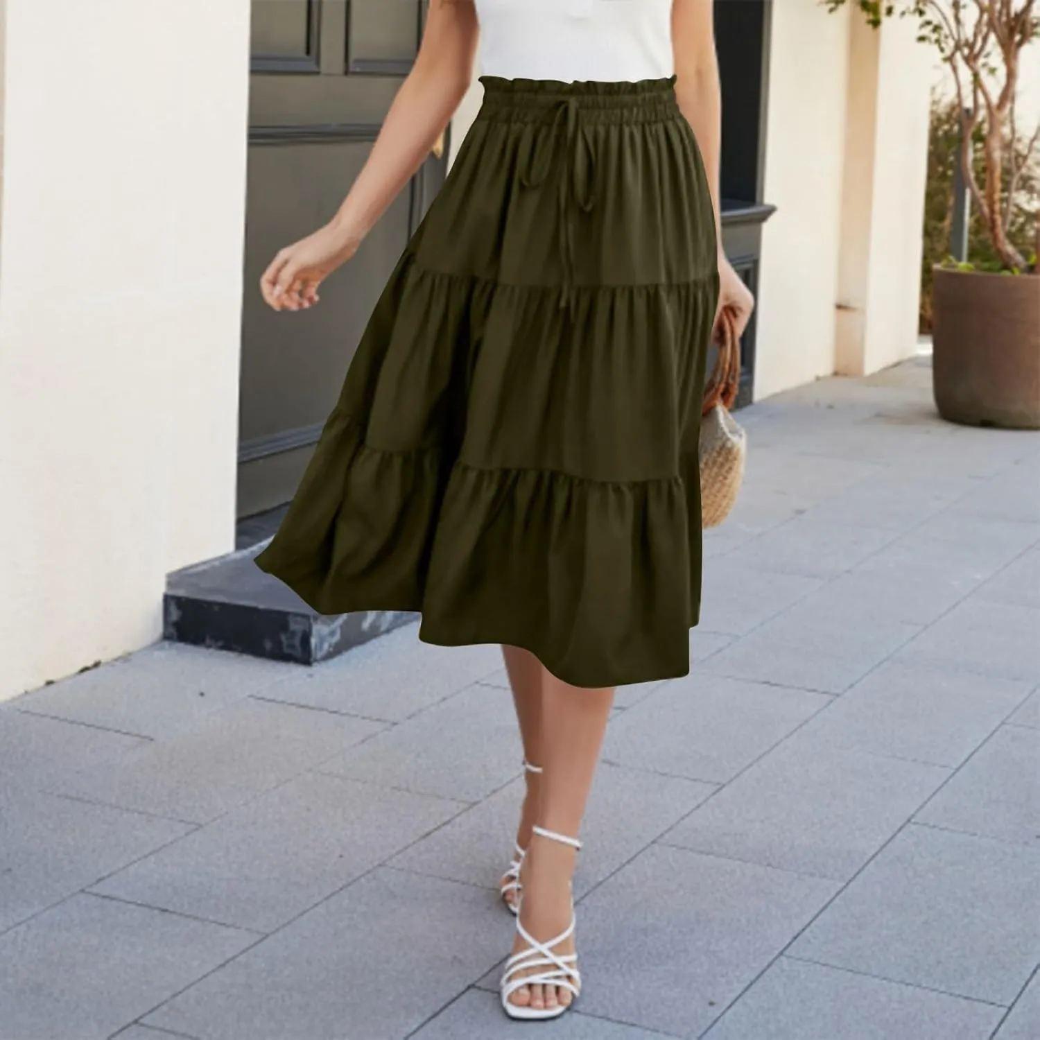 Midi Skirts for Women Summer Tiered Drawstring Elastic Waist Knee Length Skirts Pleated A Line Boho Solid Plain Skirts