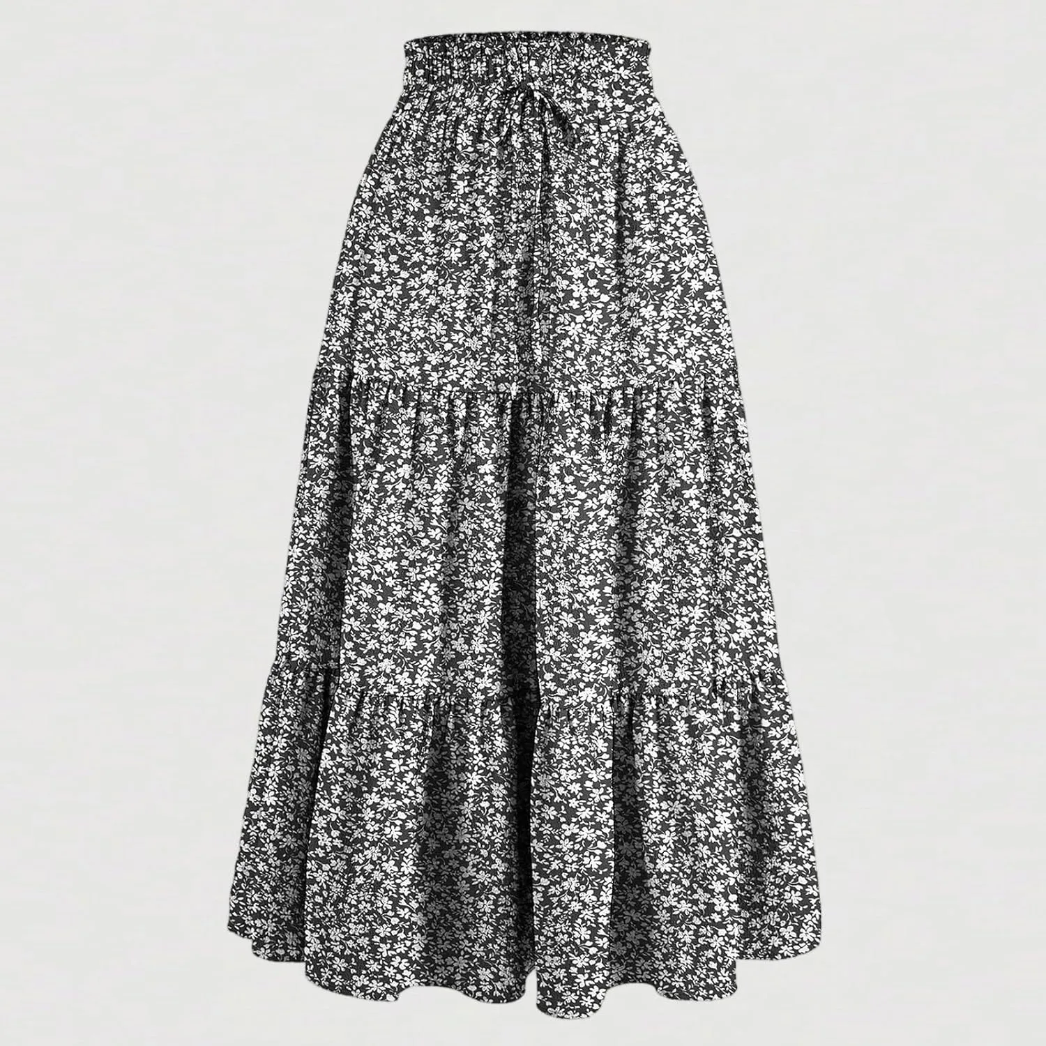 Midi Skirts for Women Summer Tiered Drawstring Elastic Waist Knee Length Skirts Pleated A Line Boho Solid Plain Skirts