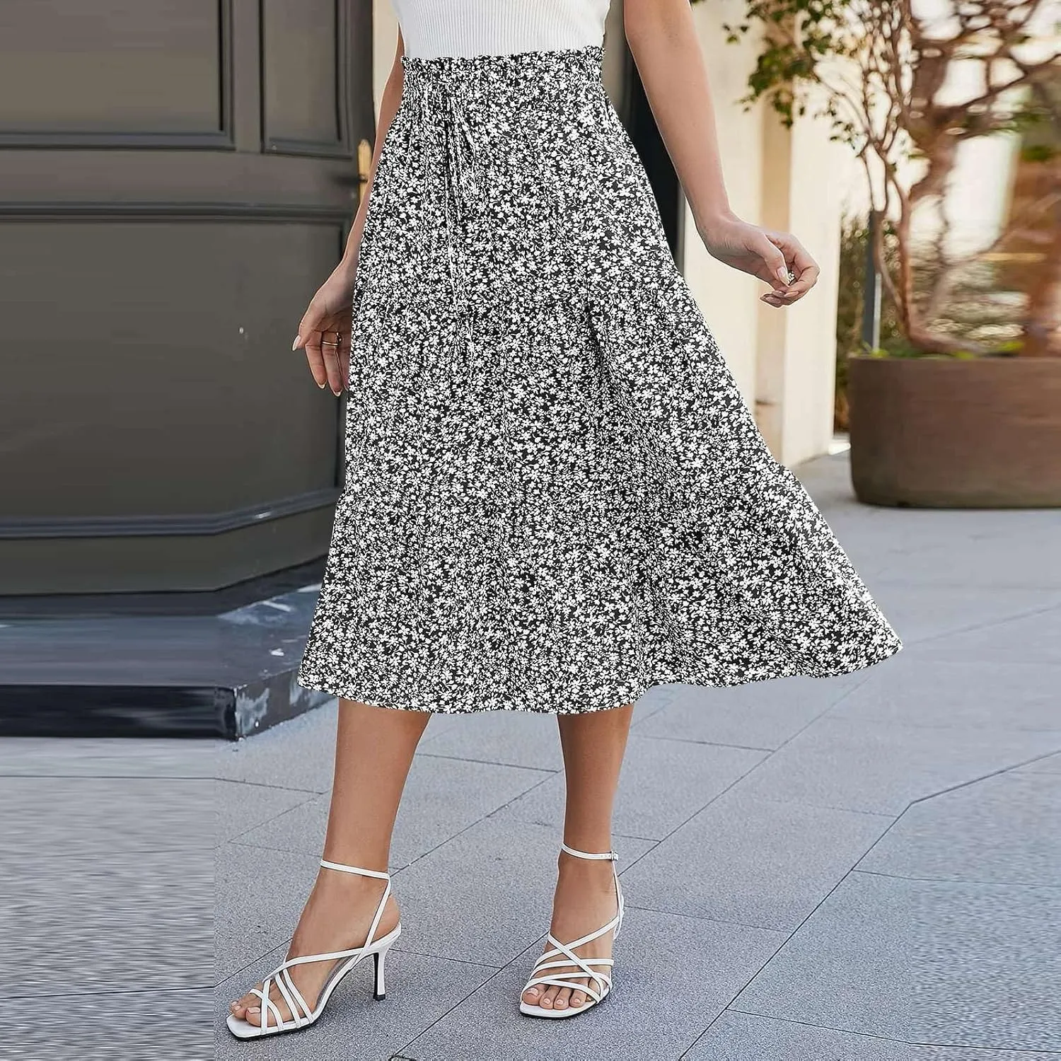 Midi Skirts for Women Summer Tiered Drawstring Elastic Waist Knee Length Skirts Pleated A Line Boho Solid Plain Skirts