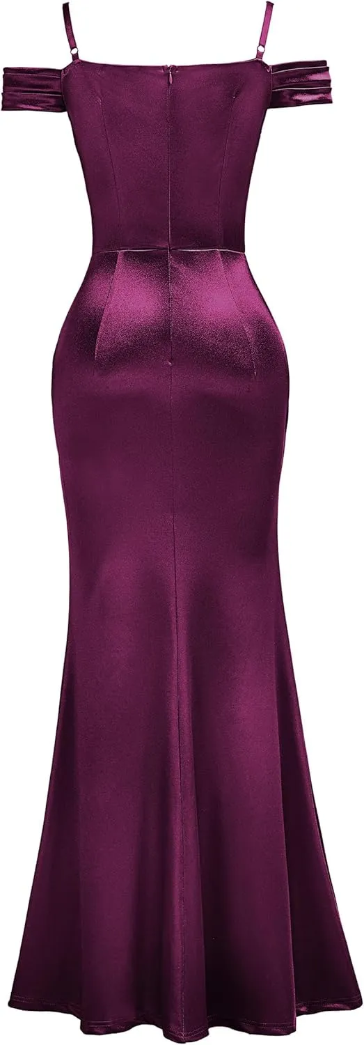 Miusol Women's Sexy Off Shoulder Satin High Split Ruched Style Evening Party Maxi Dress