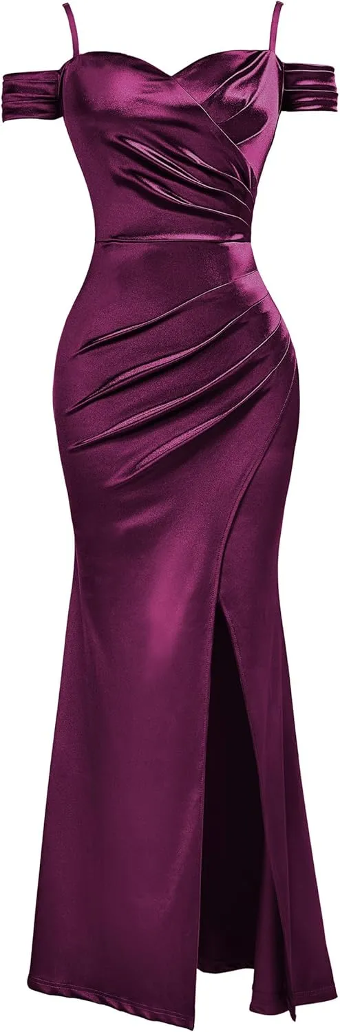Miusol Women's Sexy Off Shoulder Satin High Split Ruched Style Evening Party Maxi Dress