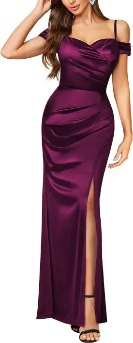 Miusol Women's Sexy Off Shoulder Satin High Split Ruched Style Evening Party Maxi Dress