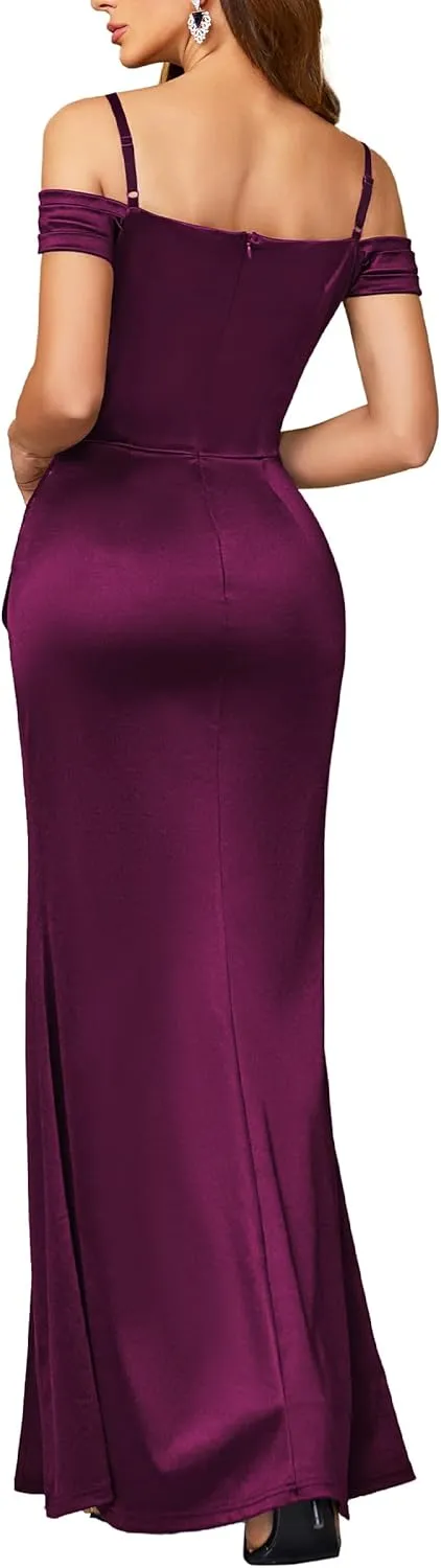 Miusol Women's Sexy Off Shoulder Satin High Split Ruched Style Evening Party Maxi Dress