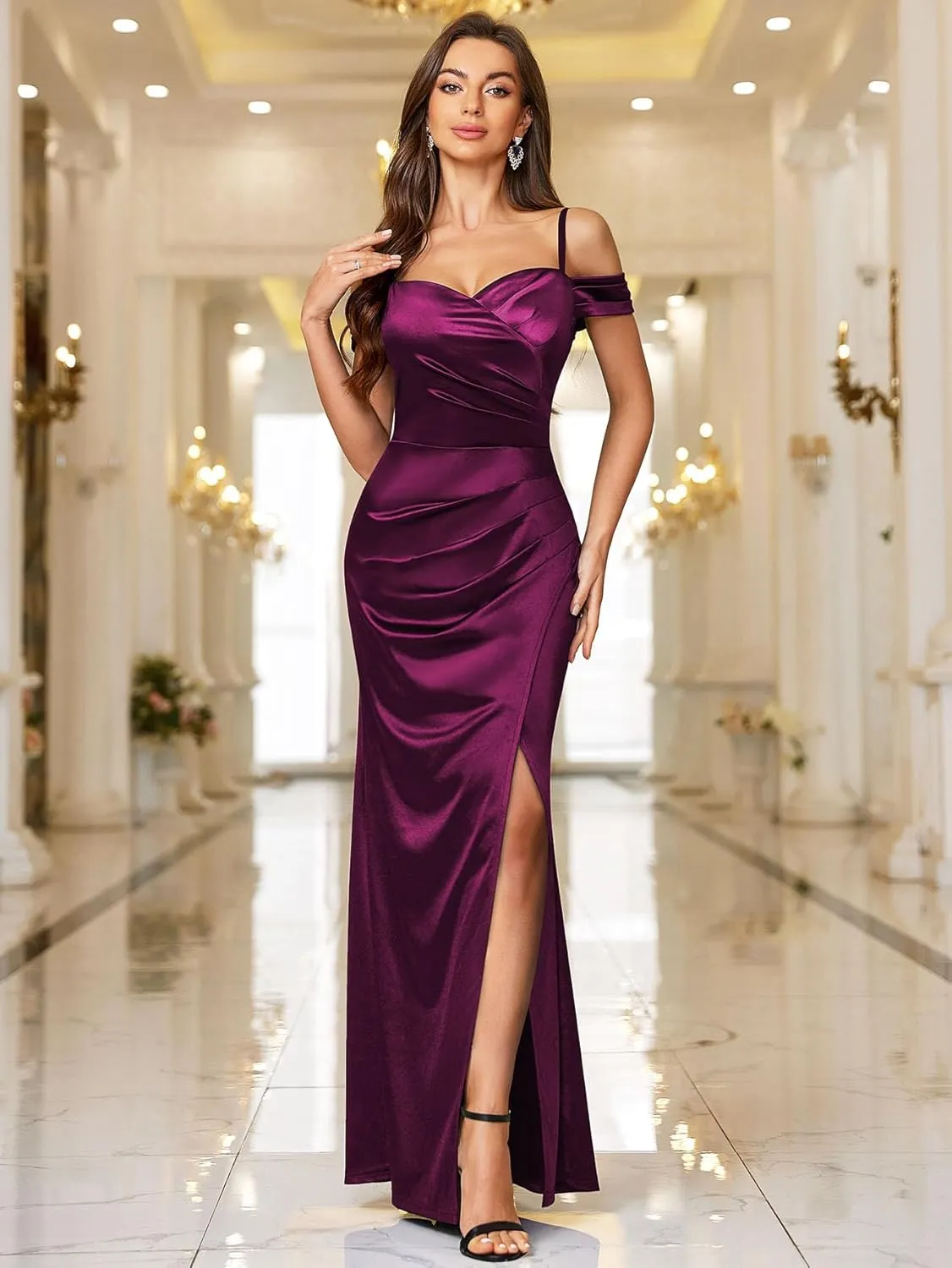 Miusol Women's Sexy Off Shoulder Satin High Split Ruched Style Evening Party Maxi Dress