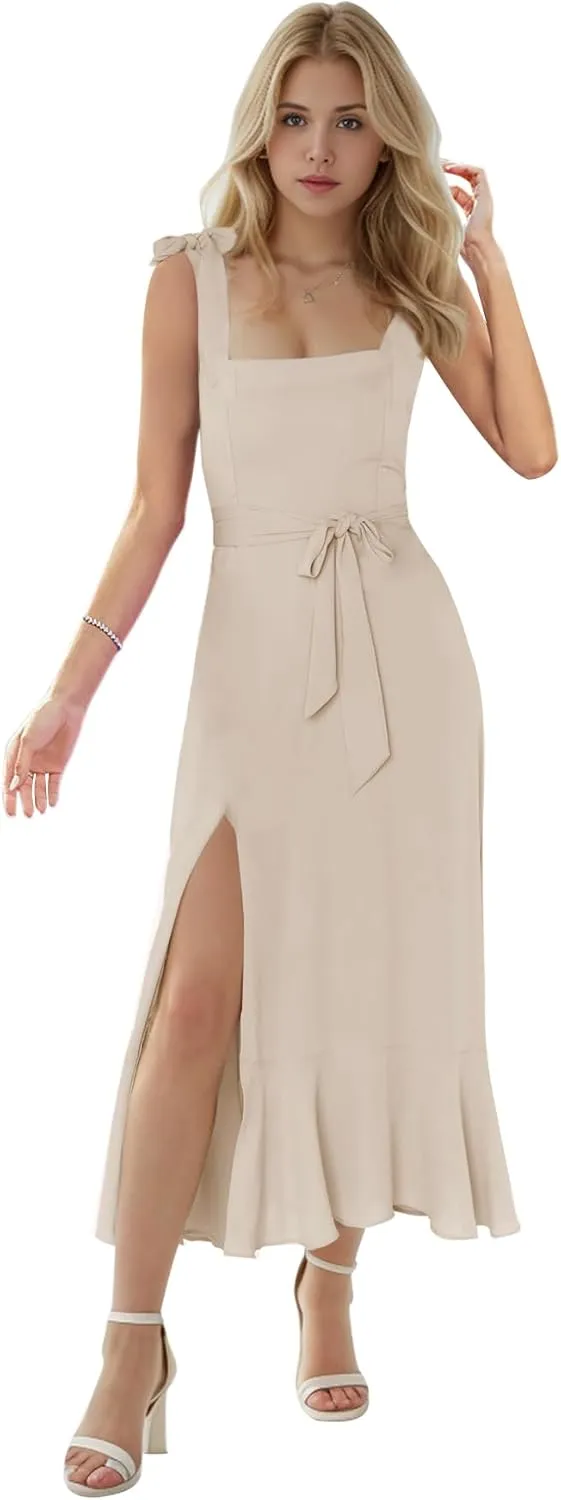 MllesReve Women Midi Dresses Square Neck Side Slit Ruffle Smock Dresses Elegant Formal Evening Wedding Guest Dresses