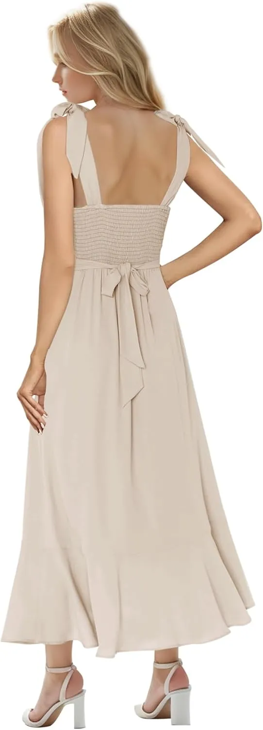 MllesReve Women Midi Dresses Square Neck Side Slit Ruffle Smock Dresses Elegant Formal Evening Wedding Guest Dresses