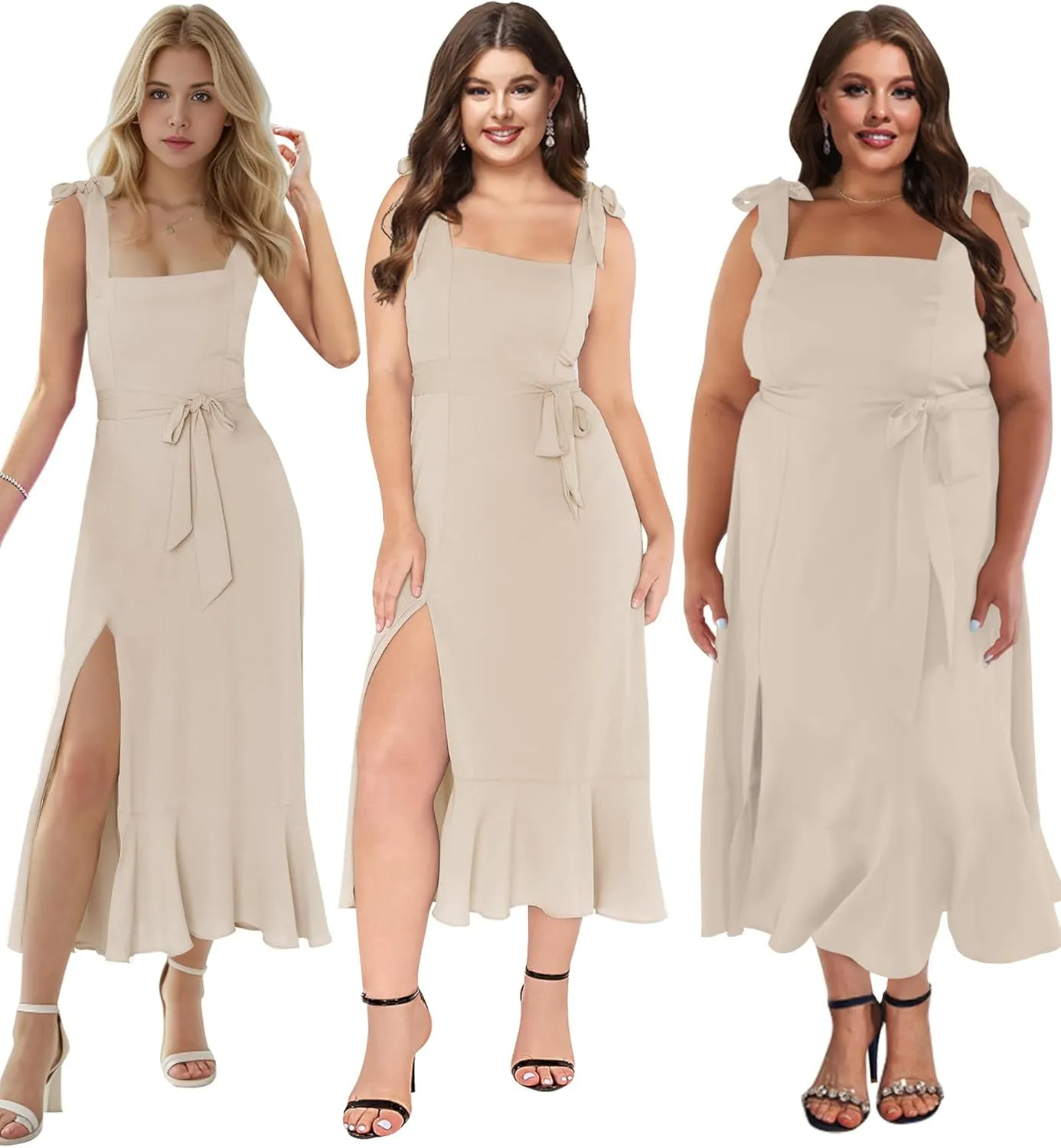 MllesReve Women Midi Dresses Square Neck Side Slit Ruffle Smock Dresses Elegant Formal Evening Wedding Guest Dresses