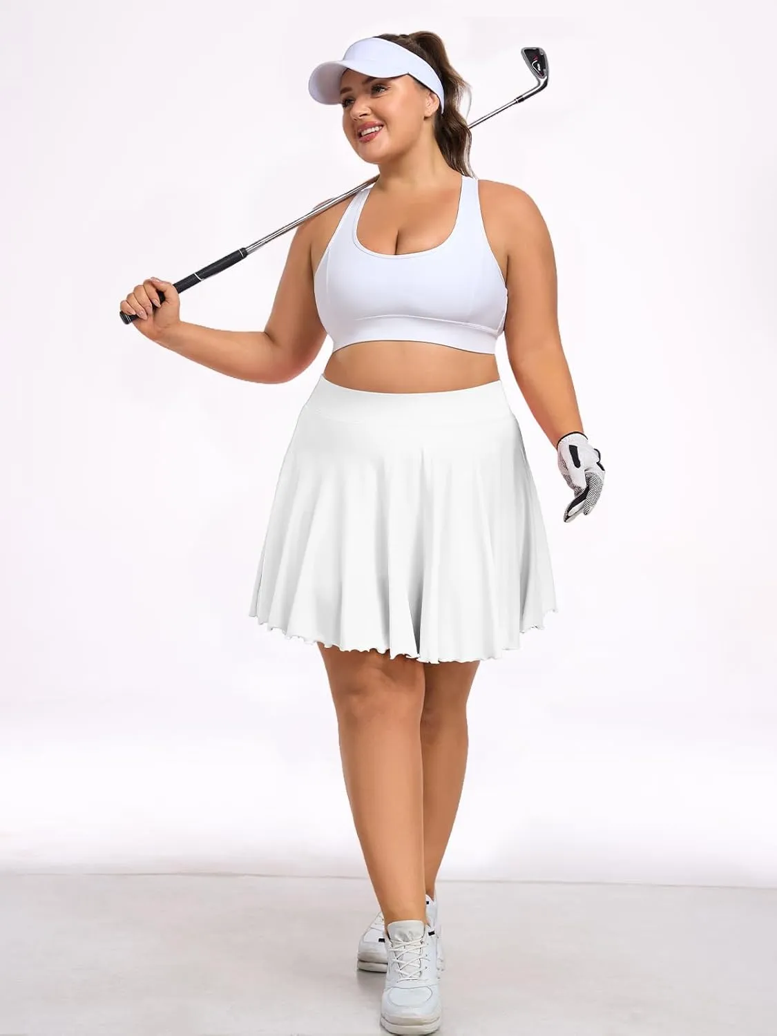 Moon Wood Women Plus Size Mini Skirt Casual Ruffle Mini Skirt Stretchy Tennis Skirt with Shorts