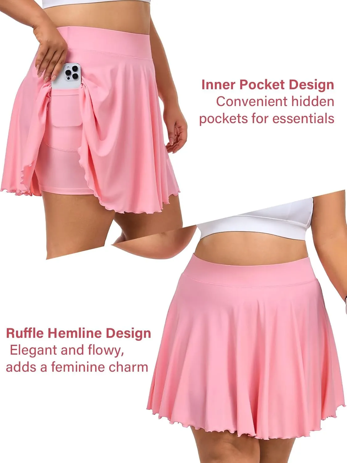 Moon Wood Women Plus Size Mini Skirt Casual Ruffle Mini Skirt Stretchy Tennis Skirt with Shorts