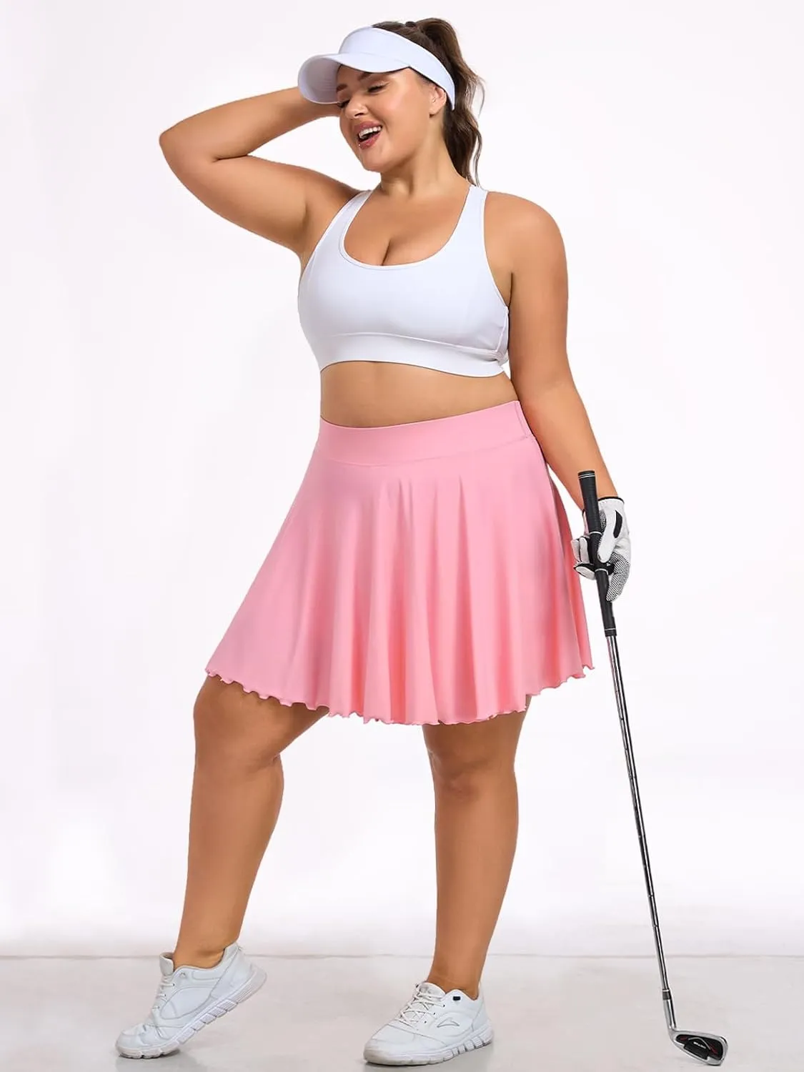 Moon Wood Women Plus Size Mini Skirt Casual Ruffle Mini Skirt Stretchy Tennis Skirt with Shorts