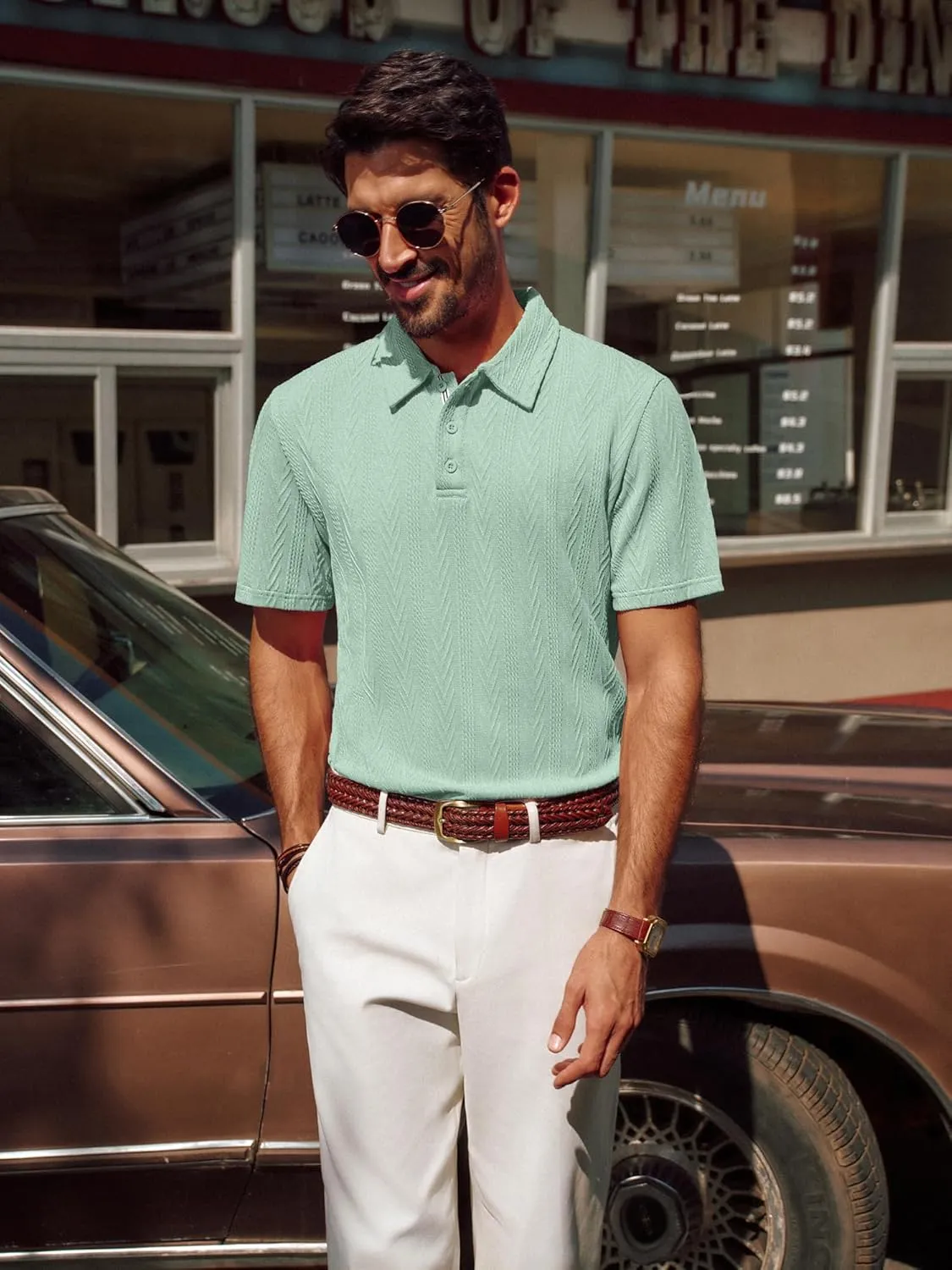 PJ PAUL JONES Men's Textured Knit Polo Shirt Short Sleeve Regular Fit Stretch Collared Summer Shirts