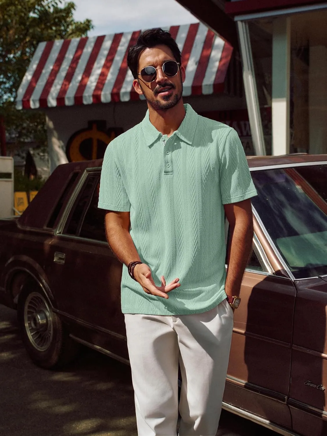PJ PAUL JONES Men's Textured Knit Polo Shirt Short Sleeve Regular Fit Stretch Collared Summer Shirts