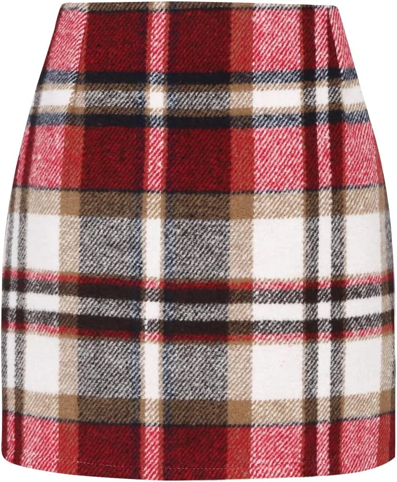Plaid Mini Skirts for Womens High Waisted Fall Winter Wool Bodycon Pencil Skirts with Slit